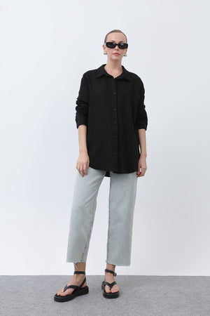Kadın Basic Keten Gömlek - 32307GML - BLACK