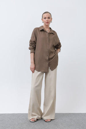 Kadın Basic Keten Gömlek - 32307GML - BROWN