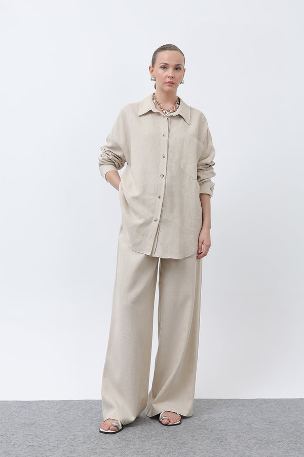 Kadın Basic Keten Gömlek - 32307GML - BEIGE