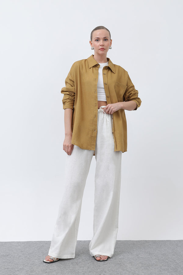 Kadın Basic Keten Gömlek - 32307GML - OLIVE