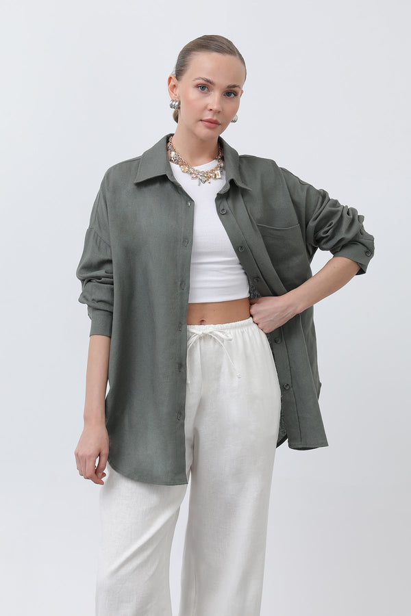 Kadın Basic Keten Gömlek - 32307GML - KHAKI