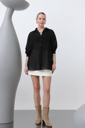 Kadın Çizgili Gömlek - 32320GML - BLACK
