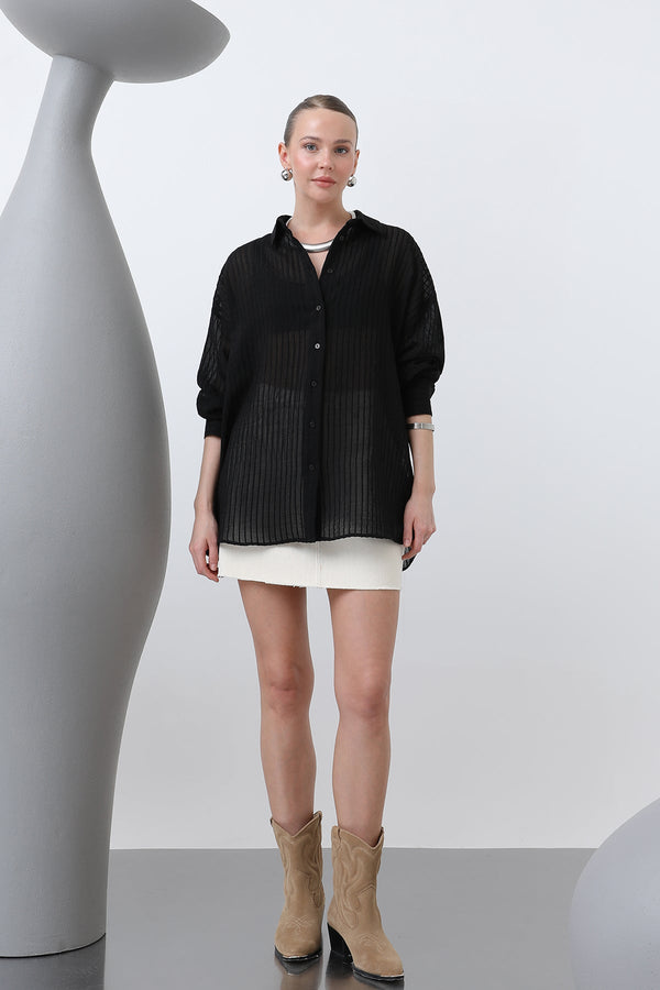 Kadın Çizgili Gömlek - 32320GML - BLACK