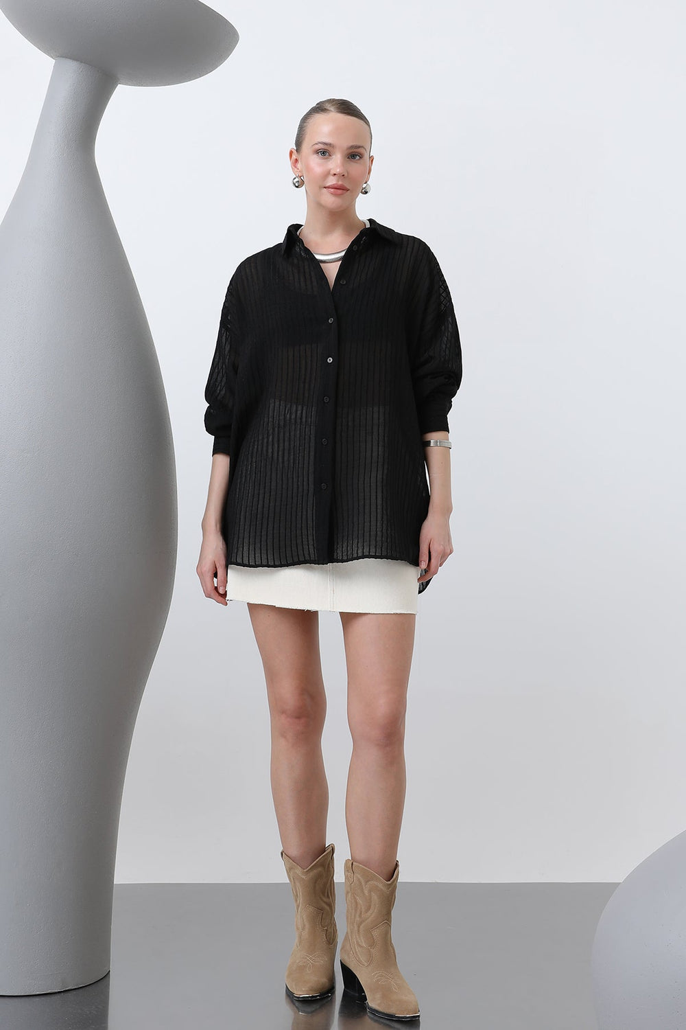 Kadın Çizgili Gömlek - 32320GML - BLACK