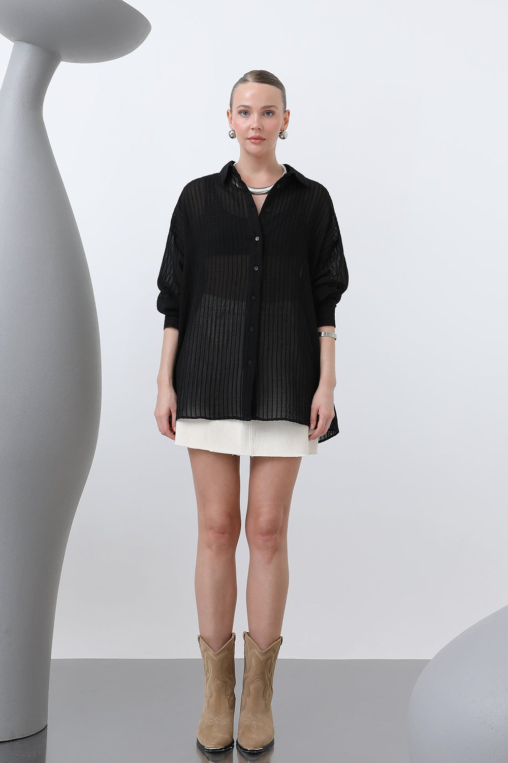 Kadın Çizgili Gömlek - 32320GML - BLACK