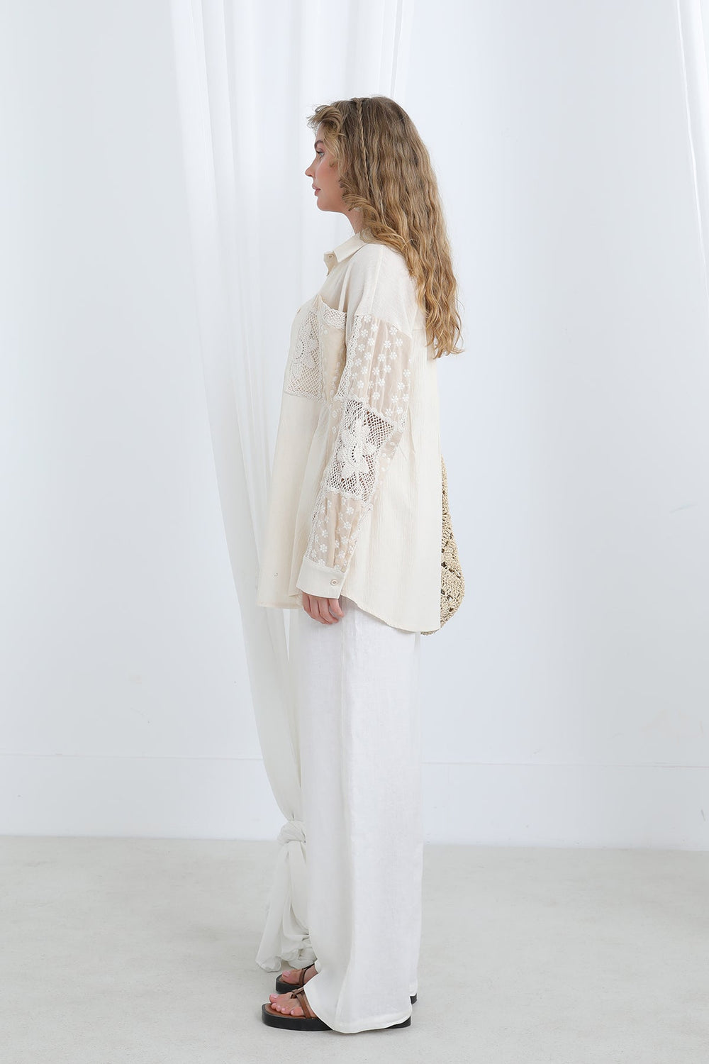 Dantel Detaylı Oversize  Gömlek-32324GML - BEIGE