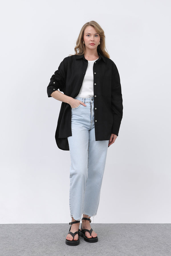 Kadın Basic Keten Gömlek - 32328GML - BLACK