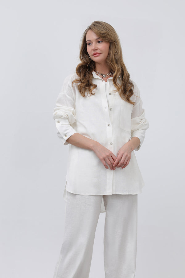 Kadın Basic Keten Gömlek - 32328GML - ECRU