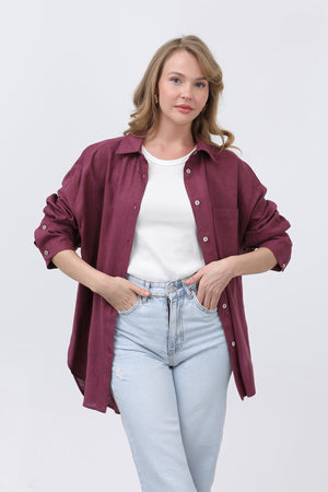 Kadın Basic Keten Gömlek - 32328GML - PLUM