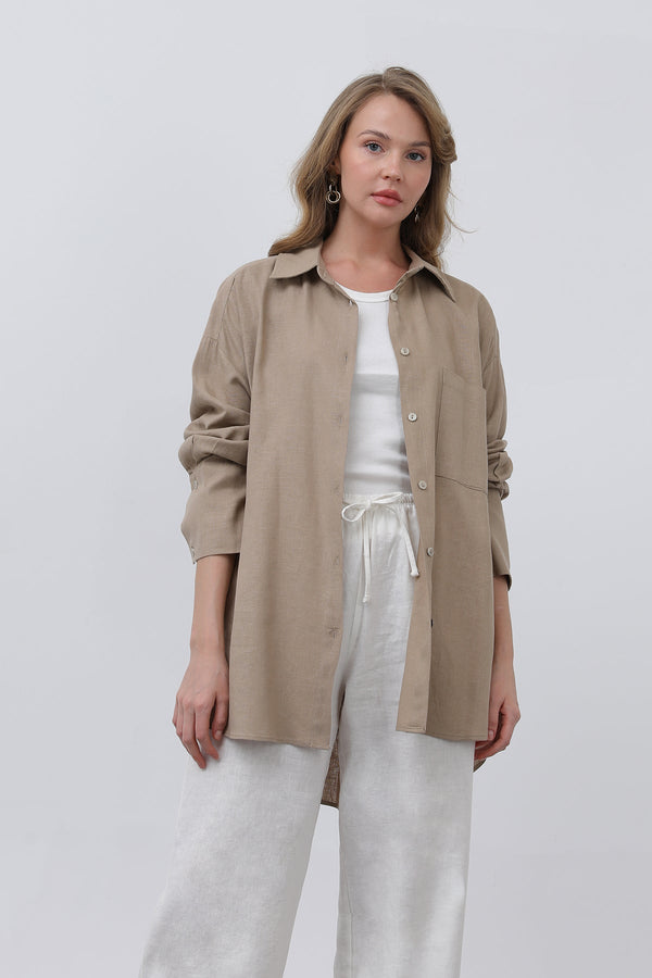 Kadın Basic Keten Gömlek - 32328GML - MINK