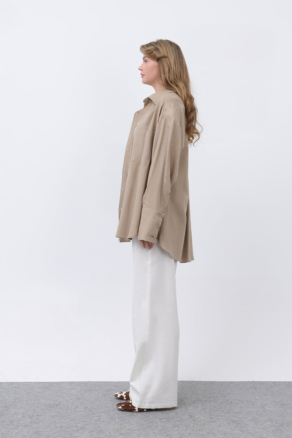 Kadın Basic Keten Gömlek - 32328GML - MINK