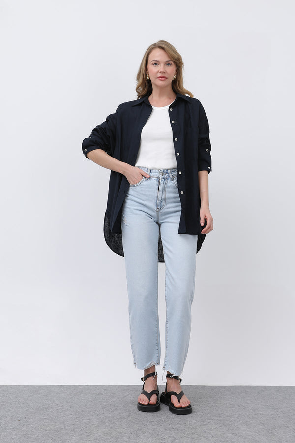 Kadın Basic Keten Gömlek - 32328GML - NAVY