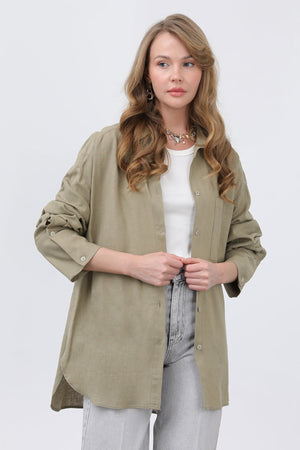 Kadın Basic Keten Gömlek - 32328GML - KHAKI