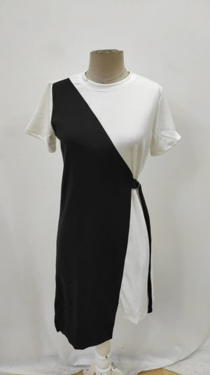 Rochie de damă cu mânecă scurtă, guler rotund și legături laterale, din modal bicolor, 26046