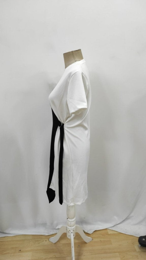 Rochie de damă cu mânecă scurtă, guler rotund și legături laterale, din modal bicolor, 26046