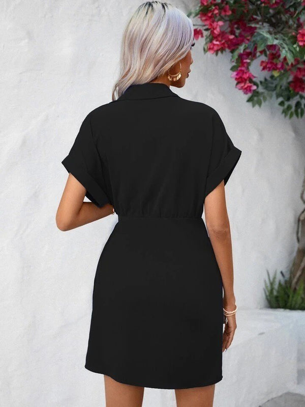 Rochie de damă cu mânecă scurtă, guler și legături laterale, țesută, 27052