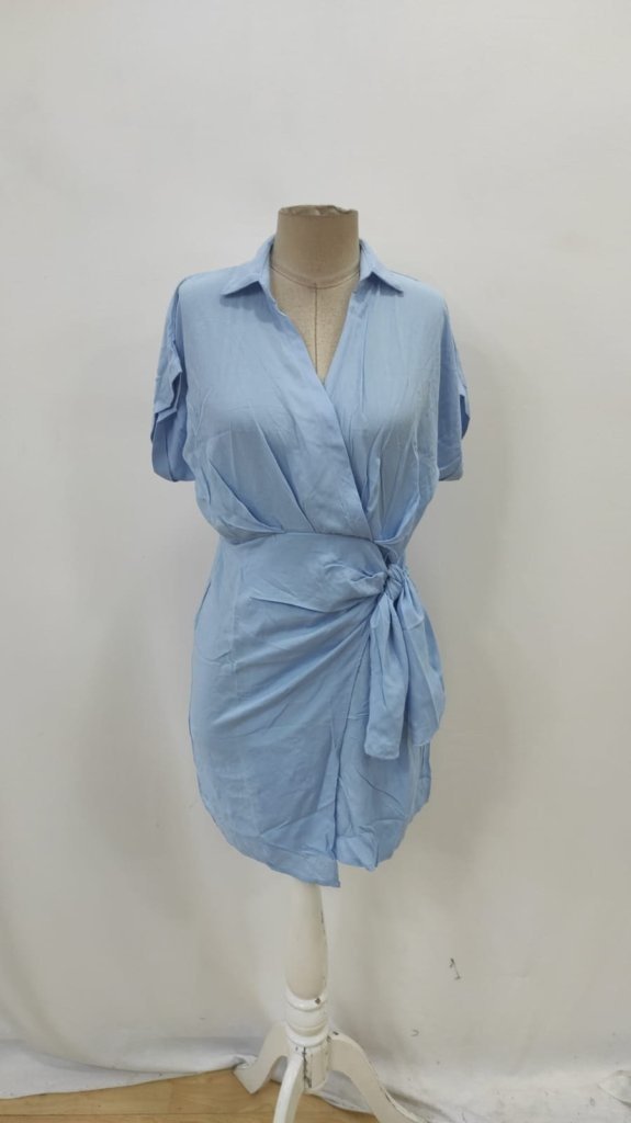 Rochie de damă cu mânecă scurtă, guler și noduri laterale, țesătură, 27053