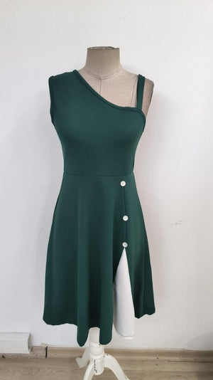 Rochie de damă din viscoză, fără mâneci, cu un singur umăr, cu dungi și închidere cu nasturi laterali, 33243