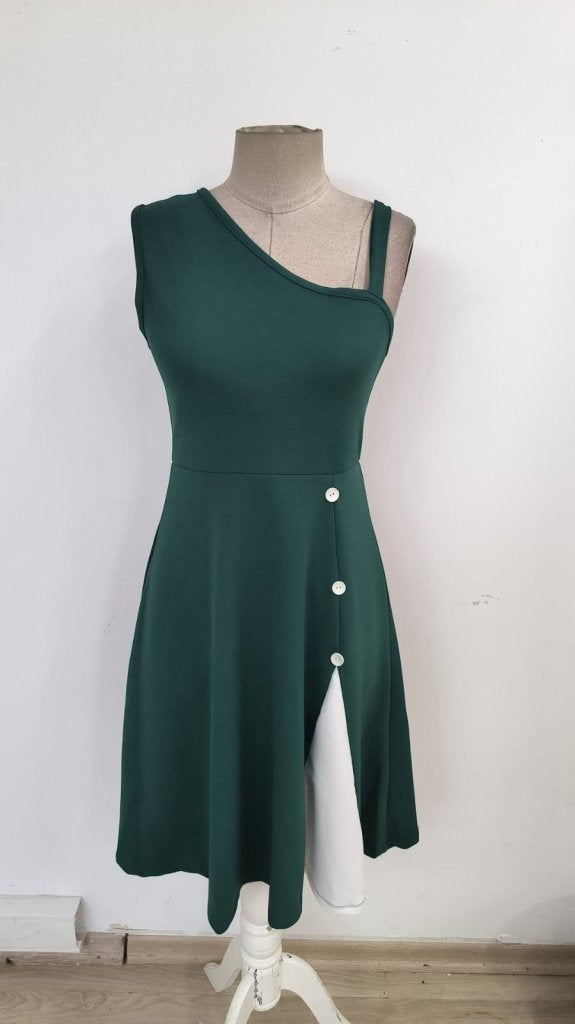Rochie de damă din viscoză, fără mâneci, cu un singur umăr, cu dungi și închidere cu nasturi laterali, 33243