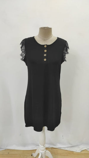 Rochie de damă din viscoză cu mânecă scurtă și dantelă, cu nasturi în față, 32231