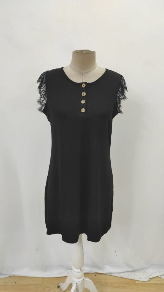 Rochie de damă din viscoză cu mânecă scurtă și dantelă, cu nasturi în față, 32231