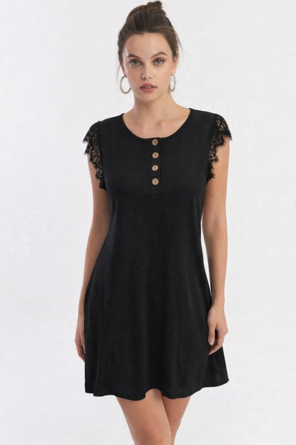 Rochie de damă din viscoză cu mânecă scurtă și dantelă, cu nasturi în față, 32231