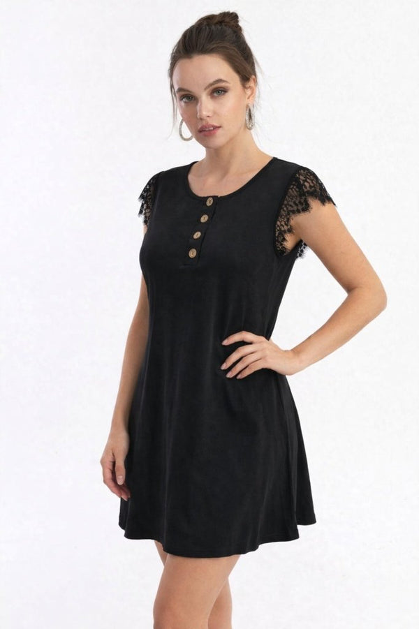 Rochie de damă din viscoză cu mânecă scurtă și dantelă, cu nasturi în față, 32231