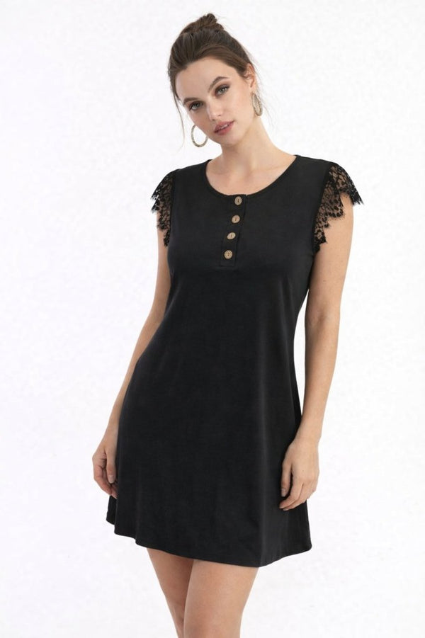 Rochie de damă din viscoză cu mânecă scurtă și dantelă, cu nasturi în față, 32231