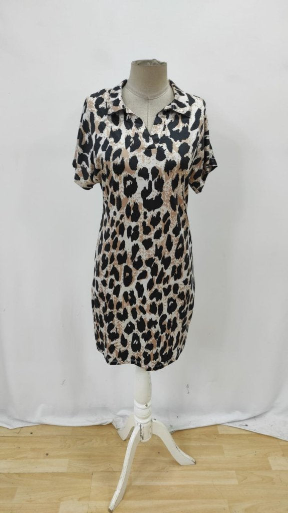 Rochie Supreme pentru femei, cu mânecă scurtă și guler, cu imprimeu leopard, 26233