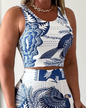 Set de două piese pentru femei, cu top scurt, fără mâneci, cu model floral, și fustă cu crăpături, 26239