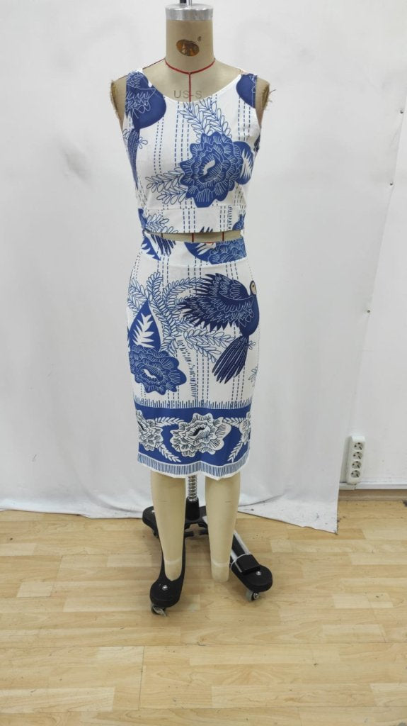 Set de două piese pentru femei, cu top scurt, fără mâneci, cu model floral, și fustă cu crăpături, 26239