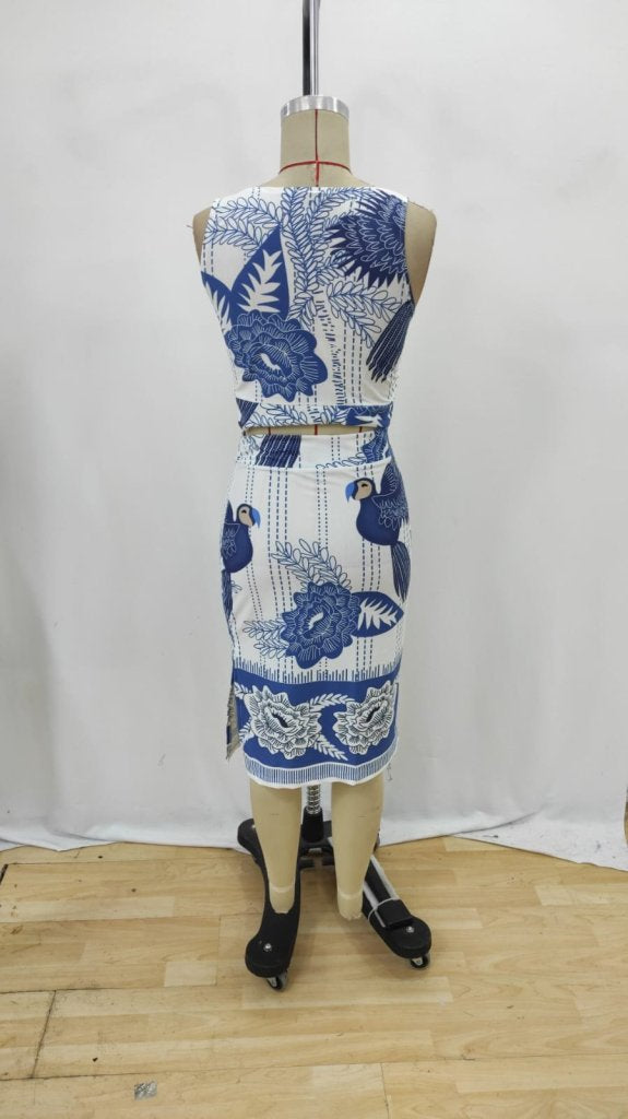 Set de două piese pentru femei, cu top scurt, fără mâneci, cu model floral, și fustă cu crăpături, 26239