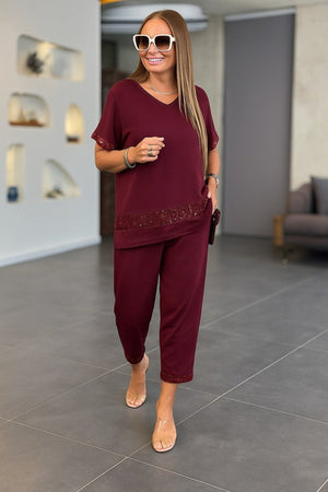 Set de două piese pentru femei, din viscoză cu paiete, cu mânecă scurtă și decolteu în V, format din bluză și pantaloni, 34504