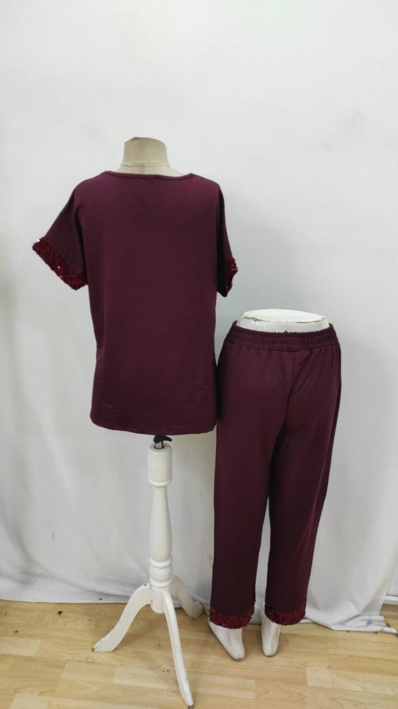 Set de două piese pentru femei, din viscoză cu paiete, cu mânecă scurtă și decolteu în V, format din bluză și pantaloni, 34504