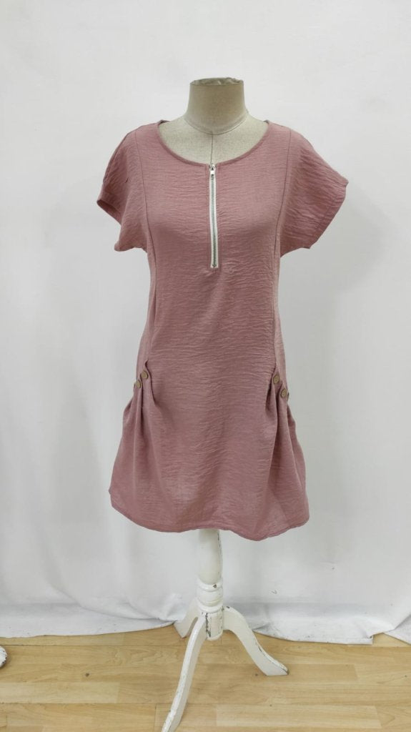 Rochie de damă din in importat, cu mânecă scurtă, decolteu deschis, închidere cu fermoar și detalii cu buzunare, 26301