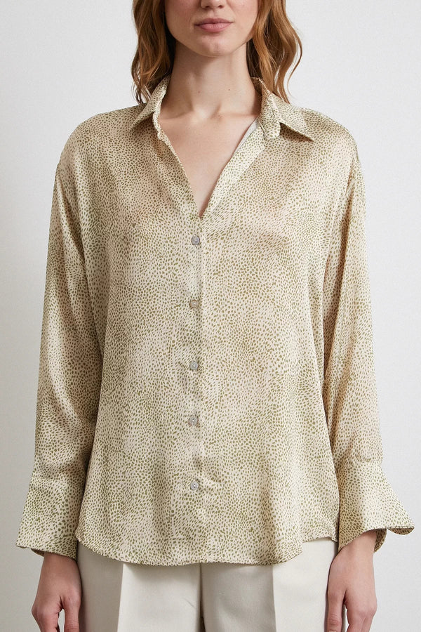 V Yaka Desenli Saten Gömlek - Yeşil