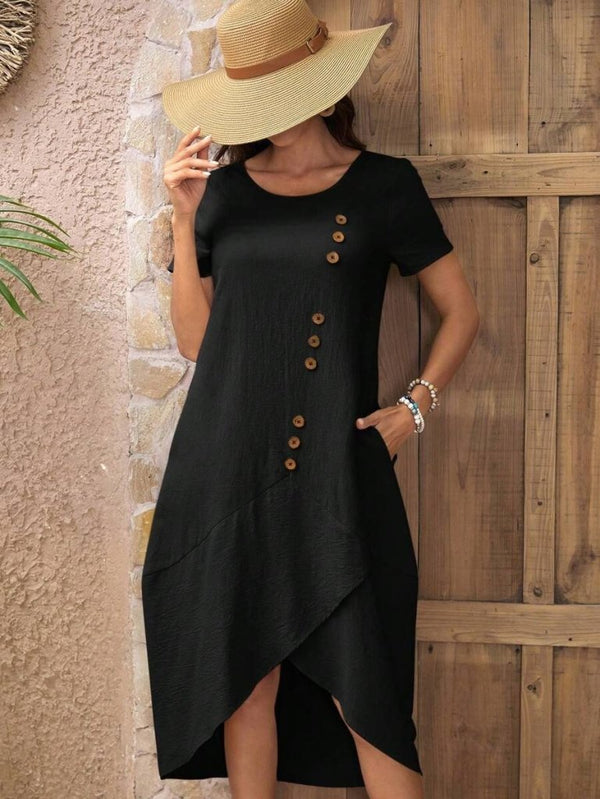 Rochie musulmană pentru femei, cu mânecă scurtă, guler rotund și detaliu cu nasturi, 26430
