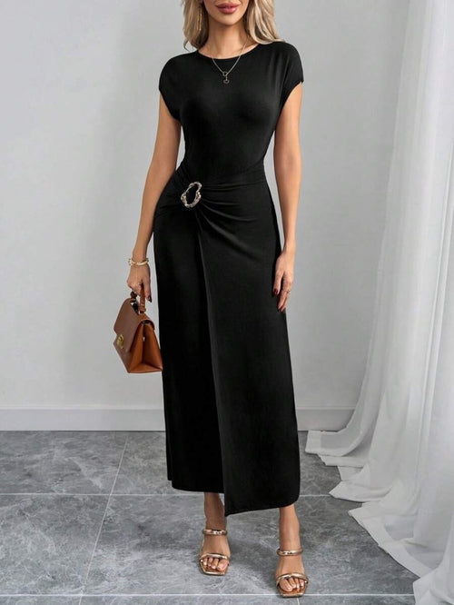 Rochie maxi din modal pentru femei, cu mânecă semilună, decolteu rotund și detaliu cu cataramă în față, 26505