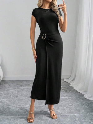 Rochie maxi din modal pentru femei, cu mânecă semilună, decolteu rotund și detaliu cu cataramă în față, 26505