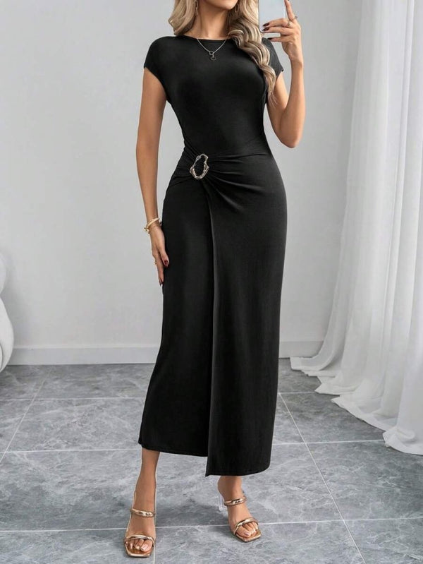 Rochie maxi din modal pentru femei, cu mânecă semilună, decolteu rotund și detaliu cu cataramă în față, 26505