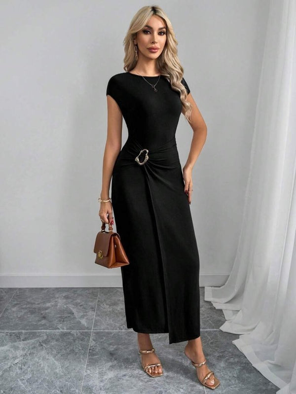Rochie maxi din modal pentru femei, cu mânecă semilună, decolteu rotund și detaliu cu cataramă în față, 26505