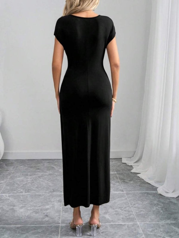 Rochie maxi din modal pentru femei, cu mânecă semilună, decolteu rotund și detaliu cu cataramă în față, 26505