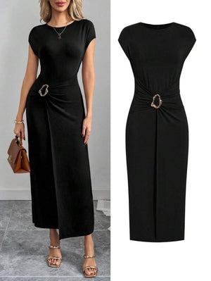 Rochie maxi din modal pentru femei, cu mânecă semilună, decolteu rotund și detaliu cu cataramă în față, 26505