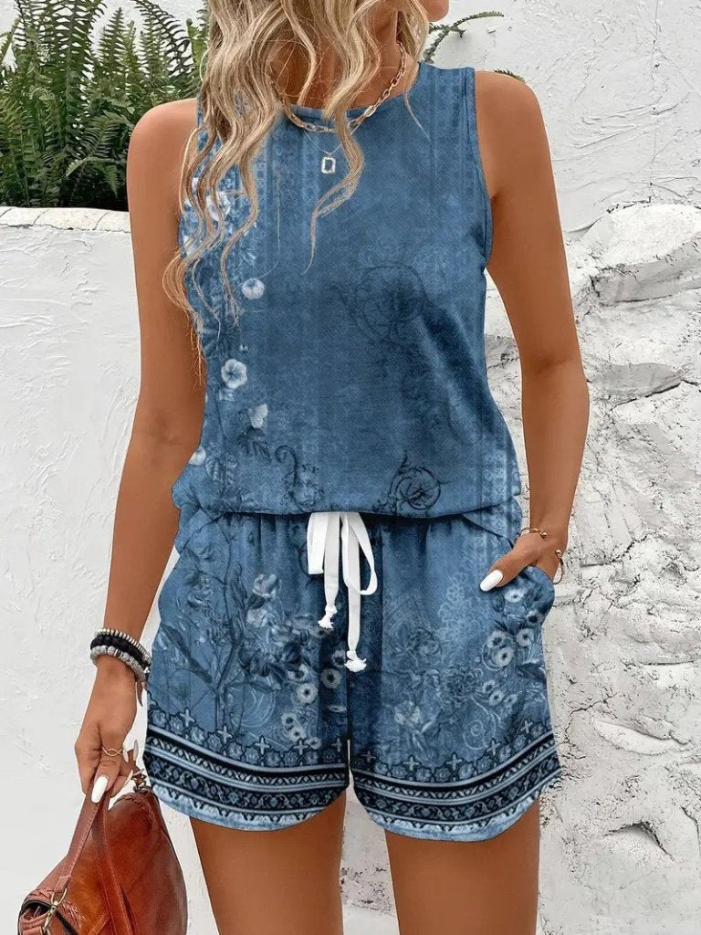 Kadın Askılı Yuvarlak Yaka çiçek Baskılı Süprme Bluz Ve Short Ikili Takım , 26556