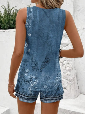 Set de două piese pentru femei, bluză și pantaloni scurți cu imprimeu floral, guler rotund și bretele, 26556
