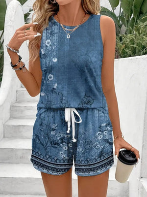 Set de două piese pentru femei, bluză și pantaloni scurți cu imprimeu floral, guler rotund și bretele, 26556