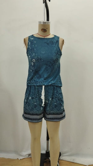 Set de două piese pentru femei, bluză și pantaloni scurți cu imprimeu floral, guler rotund și bretele, 26556