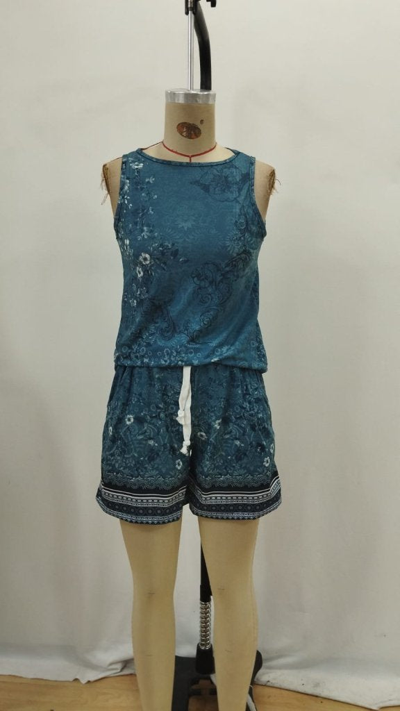 Set de două piese pentru femei, bluză și pantaloni scurți cu imprimeu floral, guler rotund și bretele, 26556