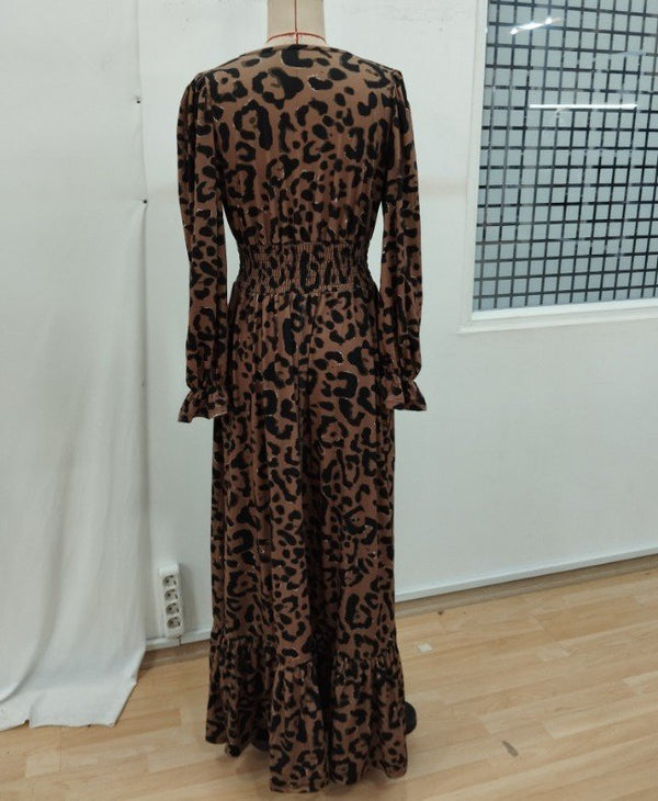 Kadın Uzun Kollu Kruvaze Yaka Leopar Desenli Uzun Süprem Elbise, 26837