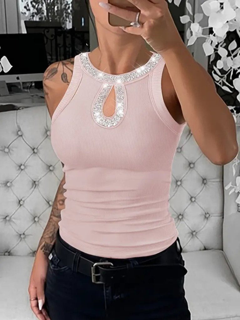 Kadın Halter Kollu Yuvarlak Taşlı Yaka Damla Detaylı Kaşkorse Bluz , 26958